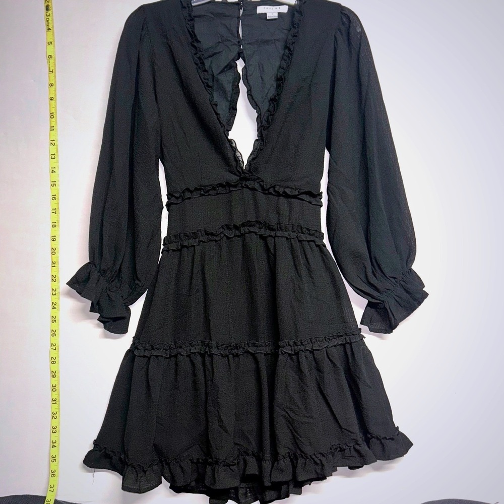 Favlux Black Ruffle Mini Dress Romantic Goth Coquette Open Back Long Sleeve